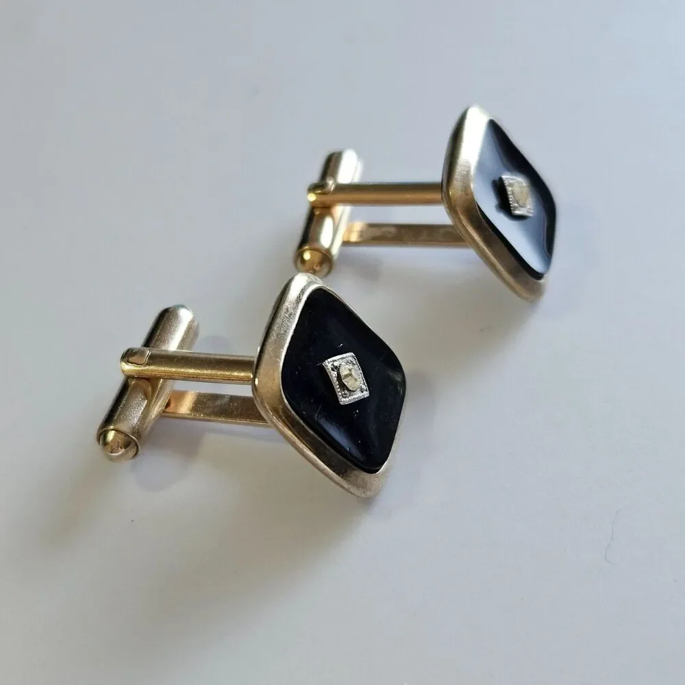 Gold Tone With Black Cufflinks Clear Rhinestone Vintage